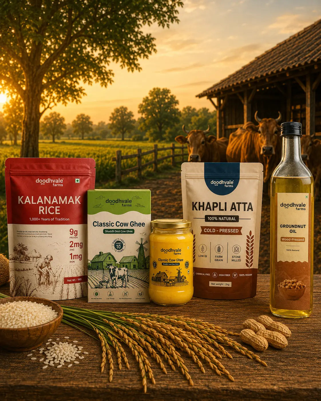 Kala Namak Rice + Khapli atta + Classic cow bilona ghee + Groundnut Oil Combo