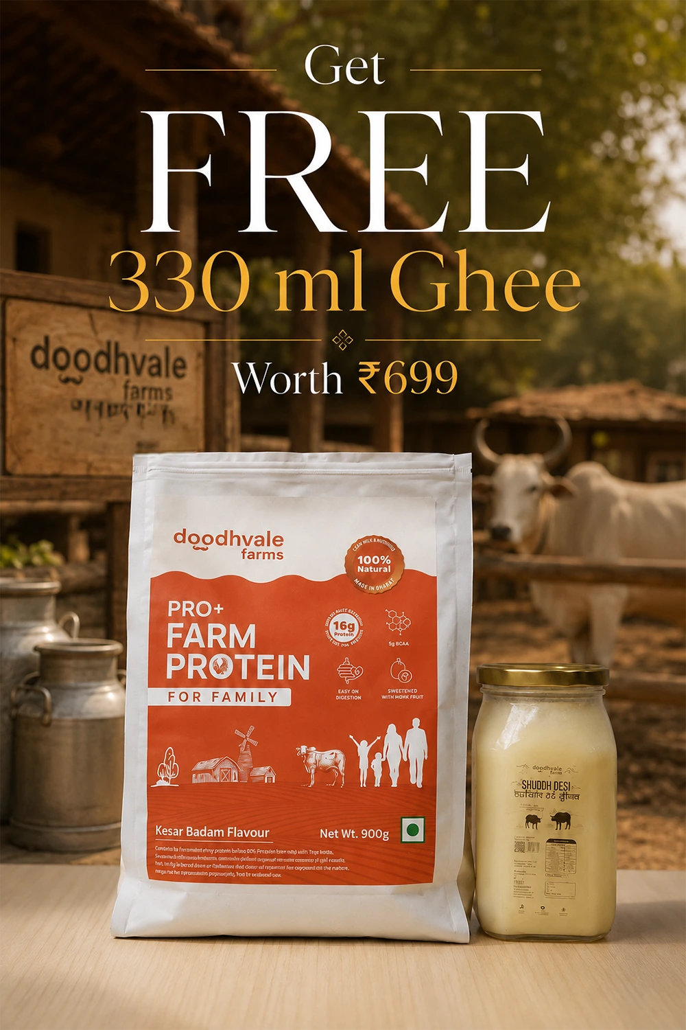 PRO+ Farm Protein For Family - Kesar Badam (450g) - 16g/scoop + Free Gift