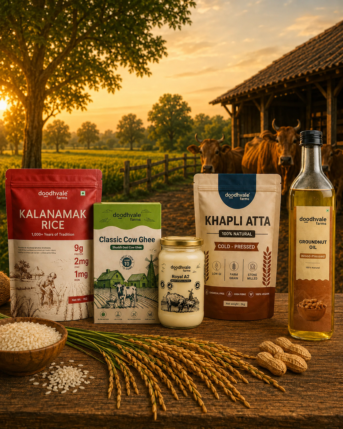 Kala Namak Rice + Khapli atta + Royal A2 Buffalo Ghee + Groundnut Oil Combo