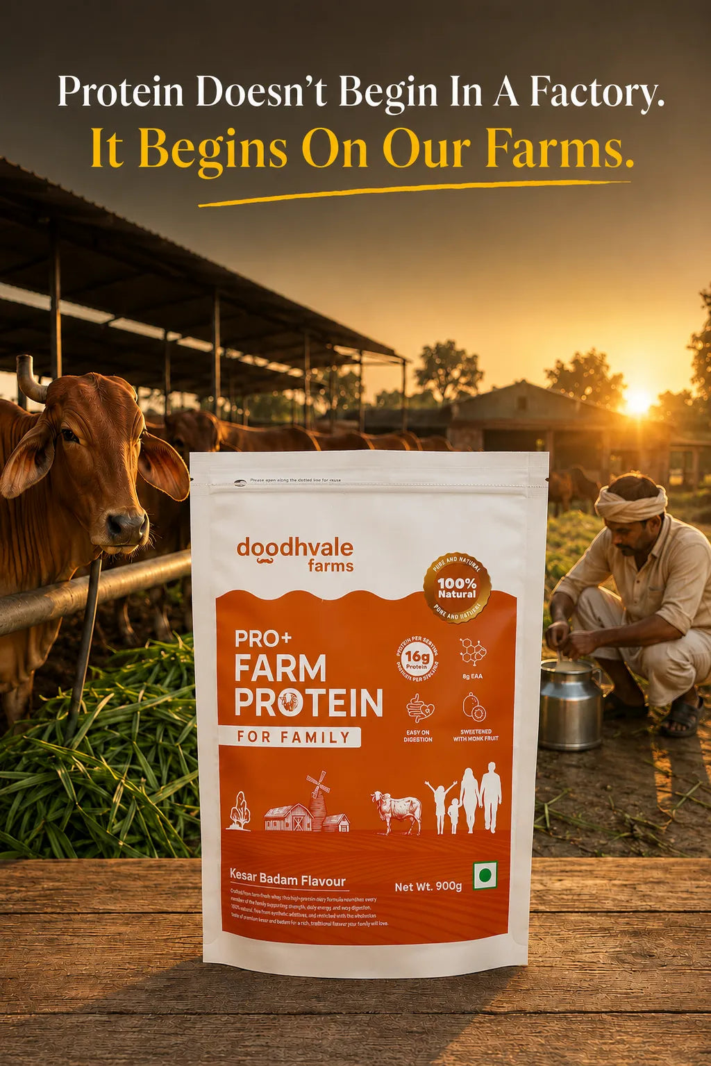 PRO+ Farm Protein For Family - Kesar Badam (450g) - 16g/scoop + Free Gift