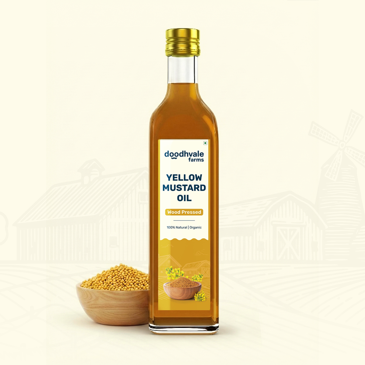 Glass Bottle of Dhoodhvale Farms Yellow Mustard Oil with mustard seeds.