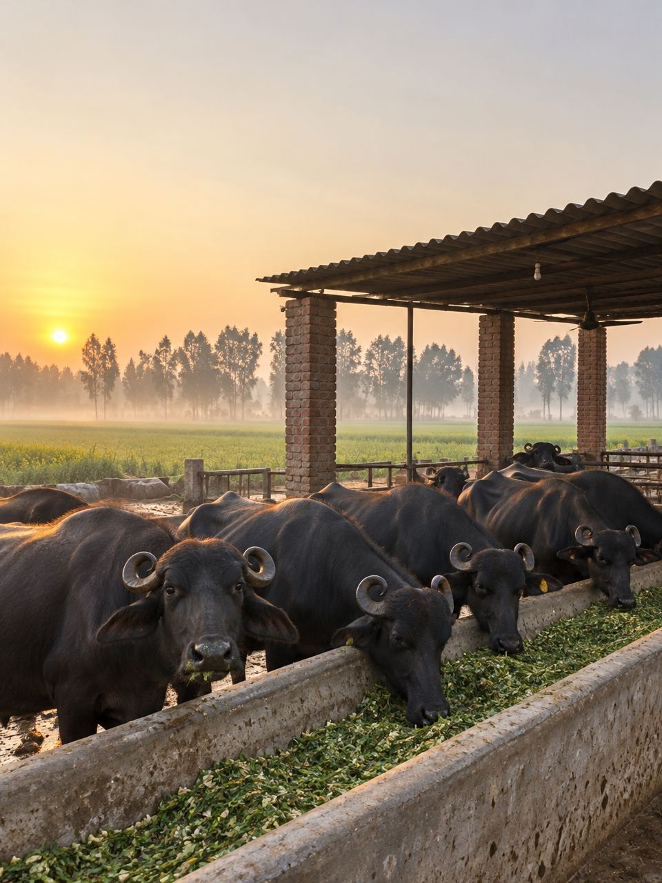Buffaloes at the manger in a brick shed at sunrise