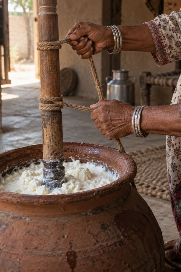 Hands pulling the rope of a wooden bilona