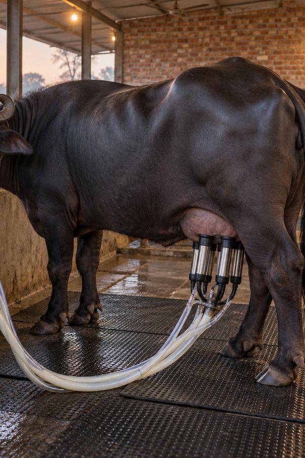 A buffalo being milked by machine