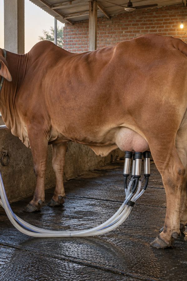 A cow being milked by machine
