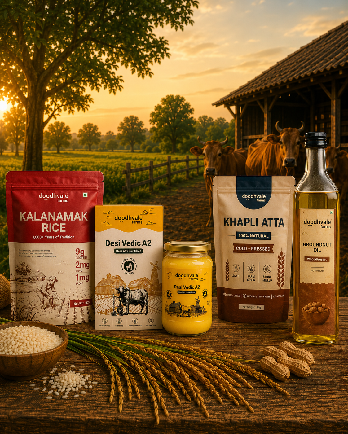 Kala Namak Rice + Khapli atta + Cow A2 Vedic Desi Ghee + Groundnut Oil Combo