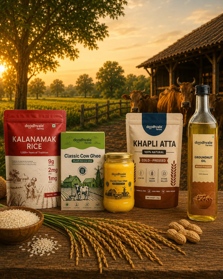 Kala Namak Rice + Khapli atta + Classic cow bilona ghee + Groundnut Oil Combo