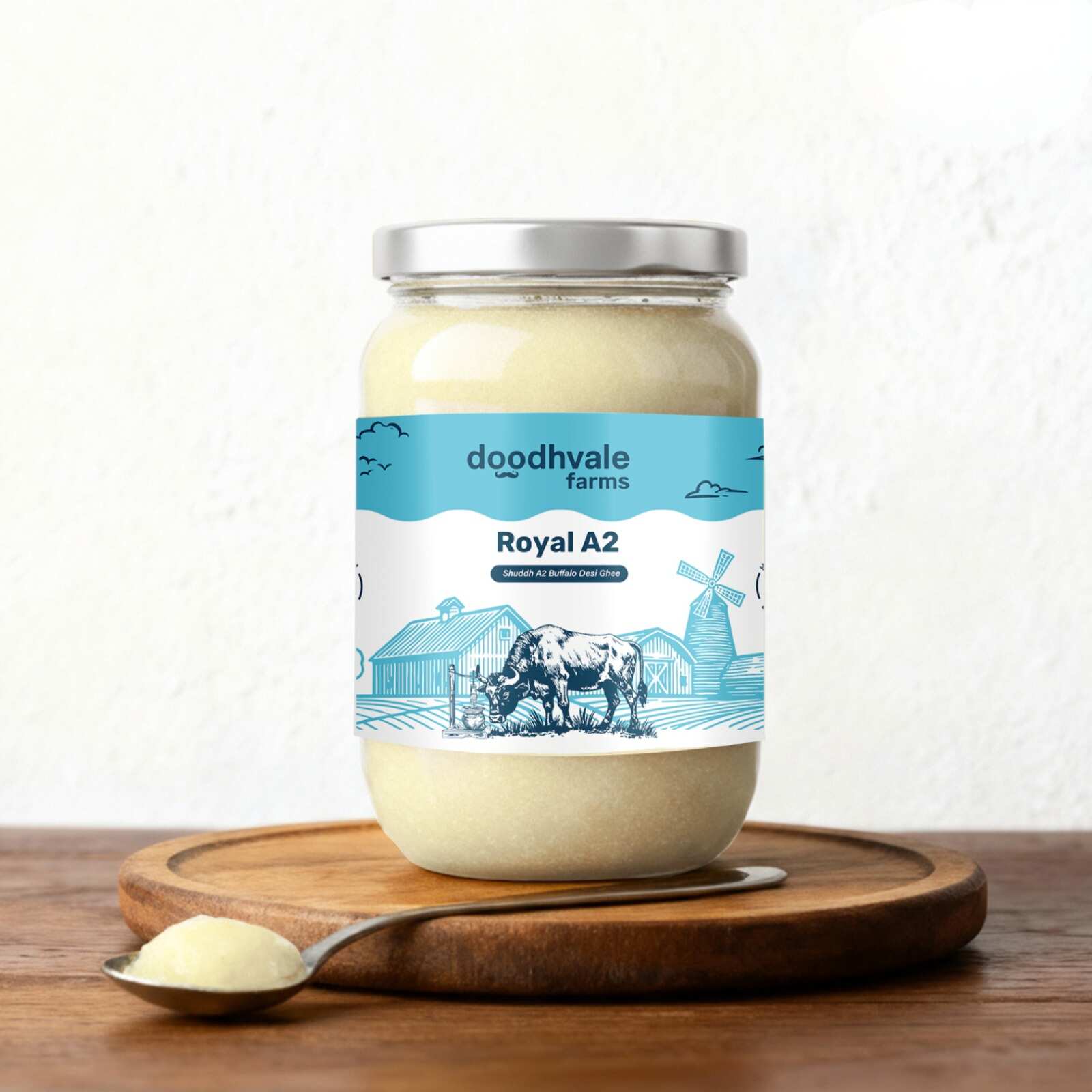 Royal A2 Buffalo Desi Ghee Jar, hand-churned ghee from Murrah buffaloes.
