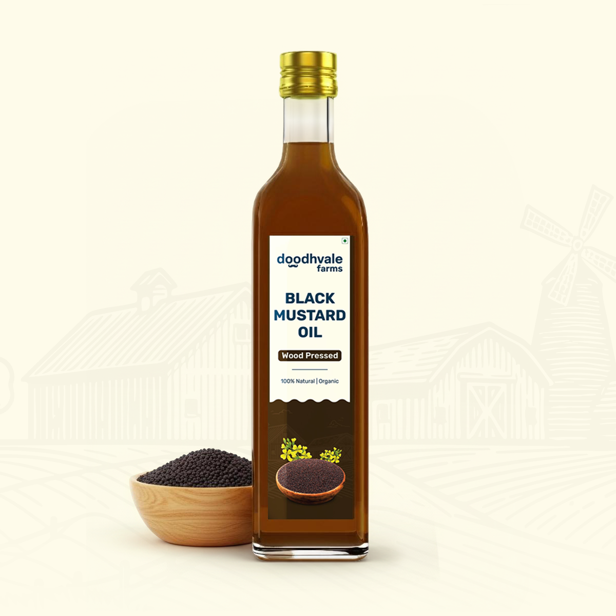 Glass Bottle of Doodhvale Farms Black Mustard Oil with a bowl of black mustard seeds on a light background
