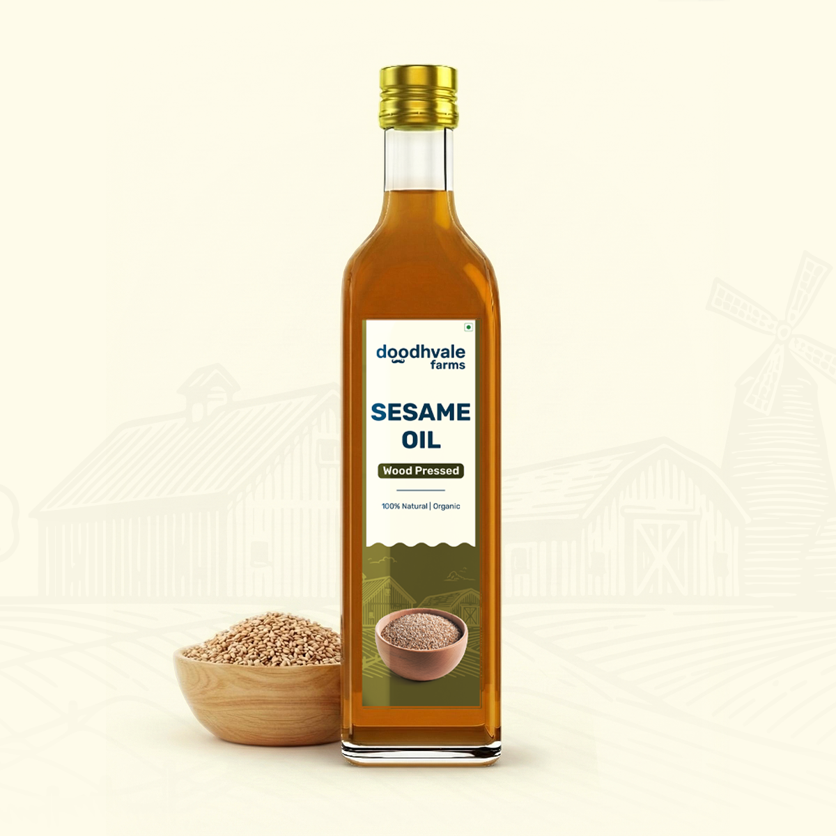 Glass Bottle of Dhoodhvale Farms Sesame Oil with sesame seeds.