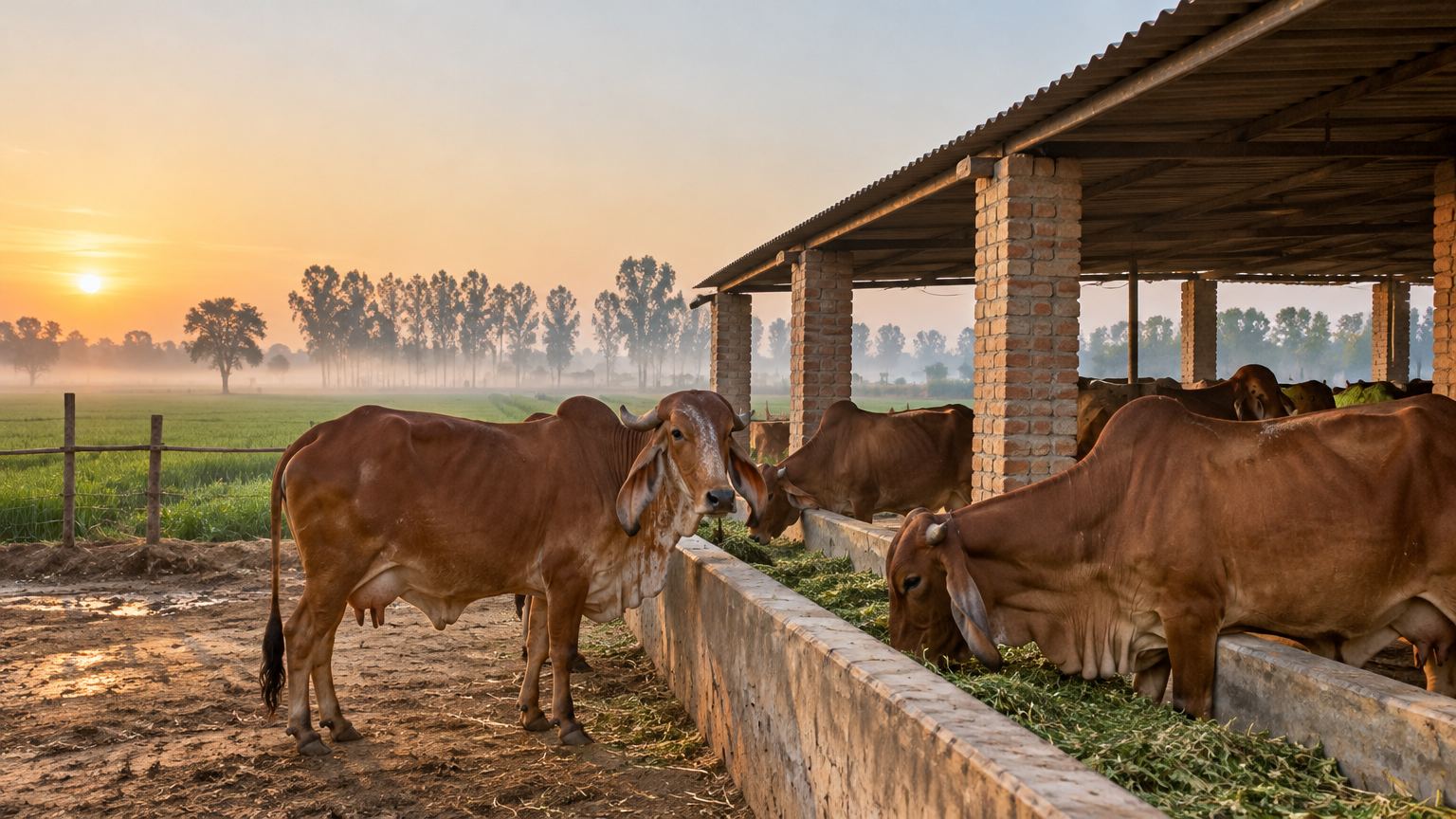 Cows at the manger in a brick cowshed at sunrise
