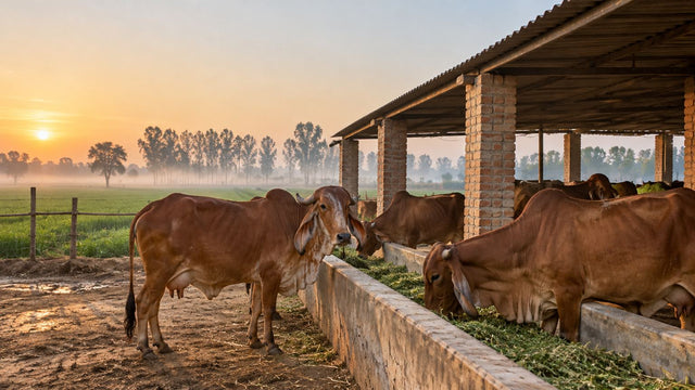 Cows at the manger in a brick cowshed at sunrise