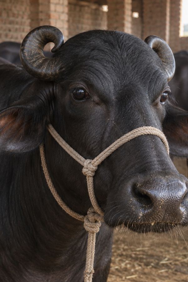 A Murrah buffalo in a brick shed