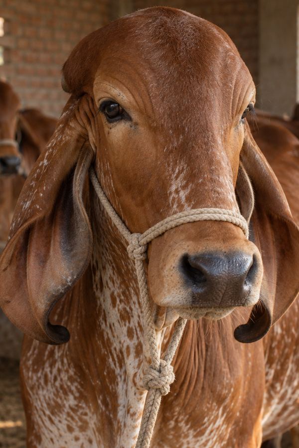 A desi cow in a brick cowshed